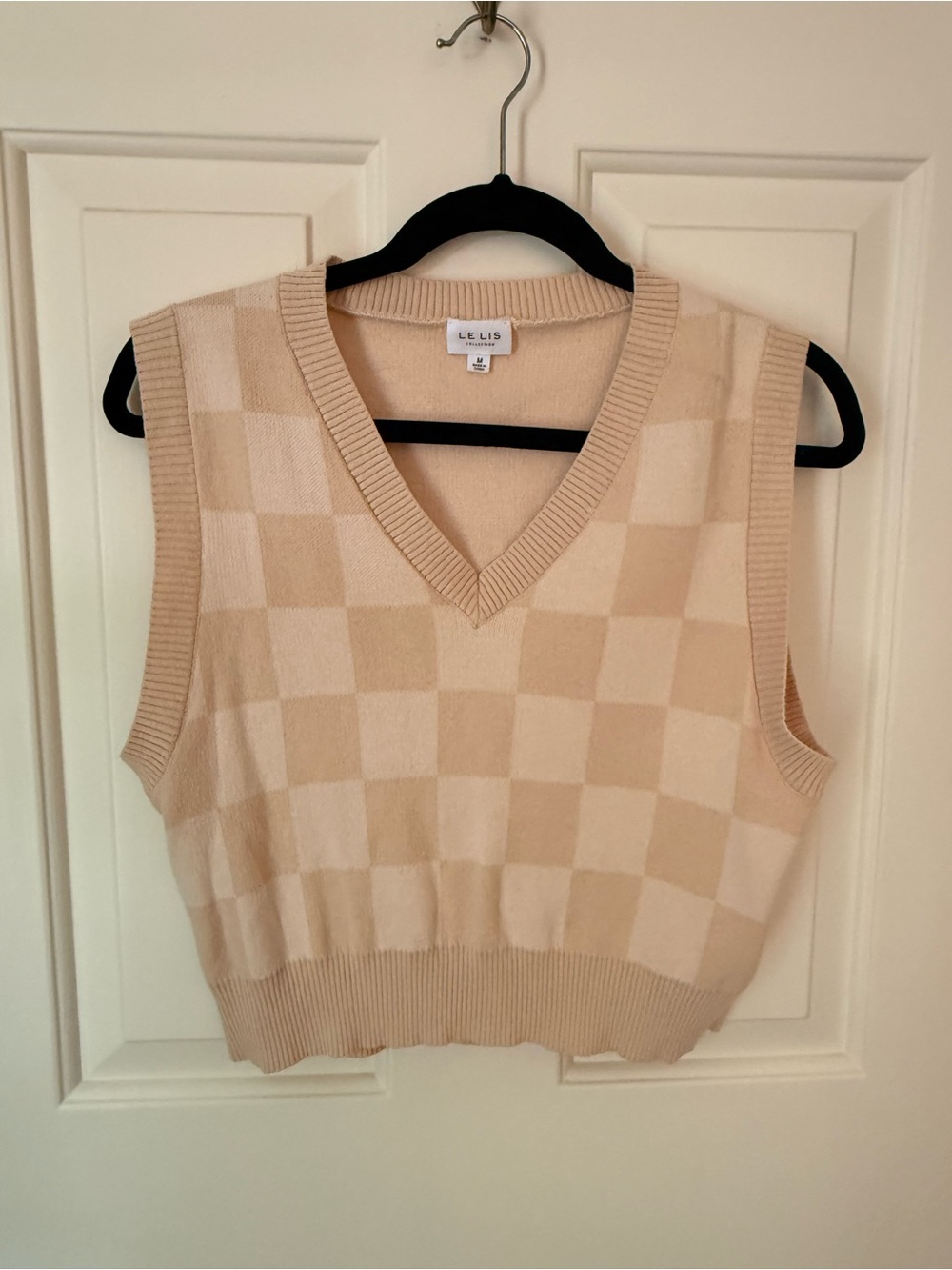 Le Lis Cream Checkered V-Neck Sweater Vest